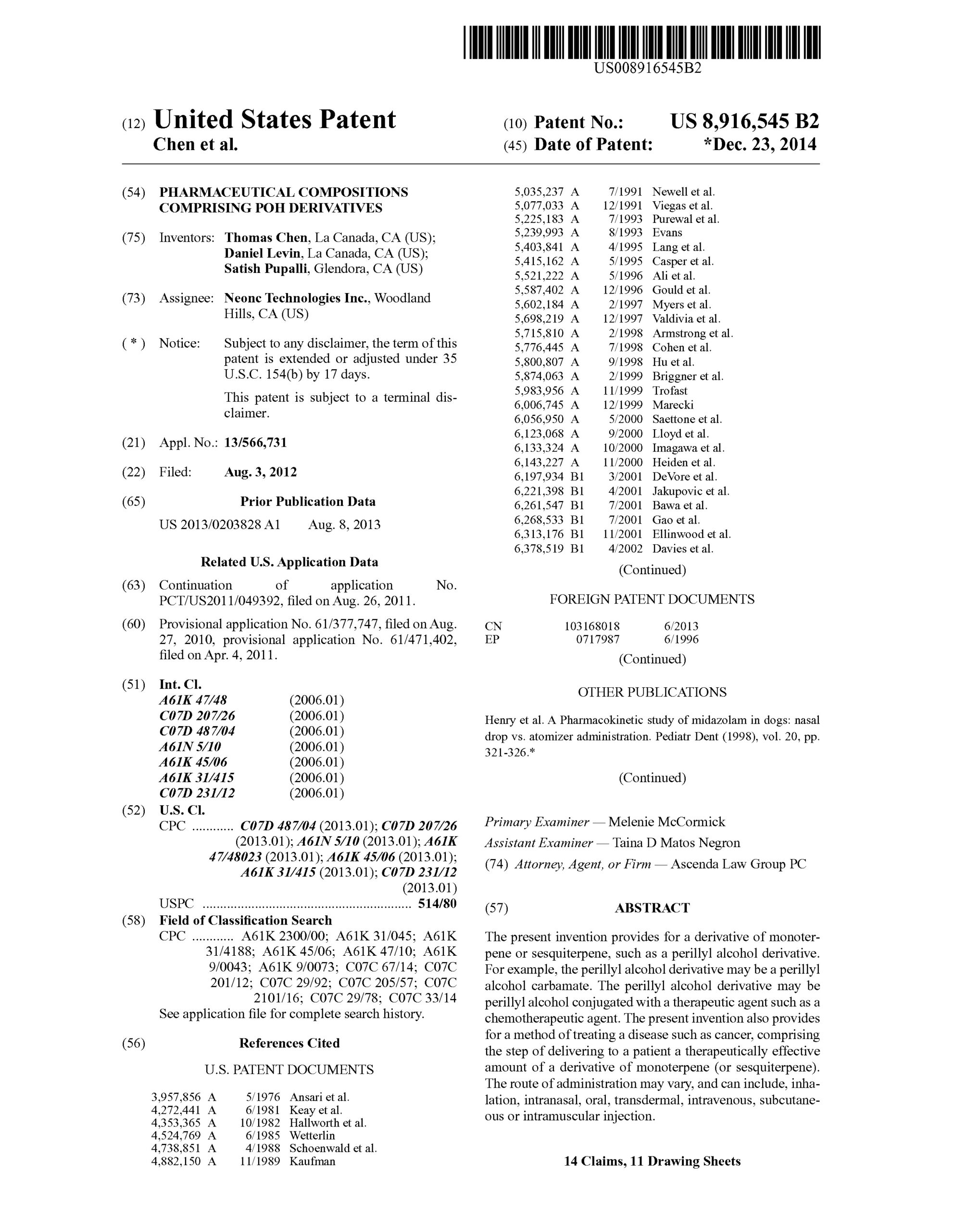 Pharmaceutical Compositions Comprising POH Derivatives